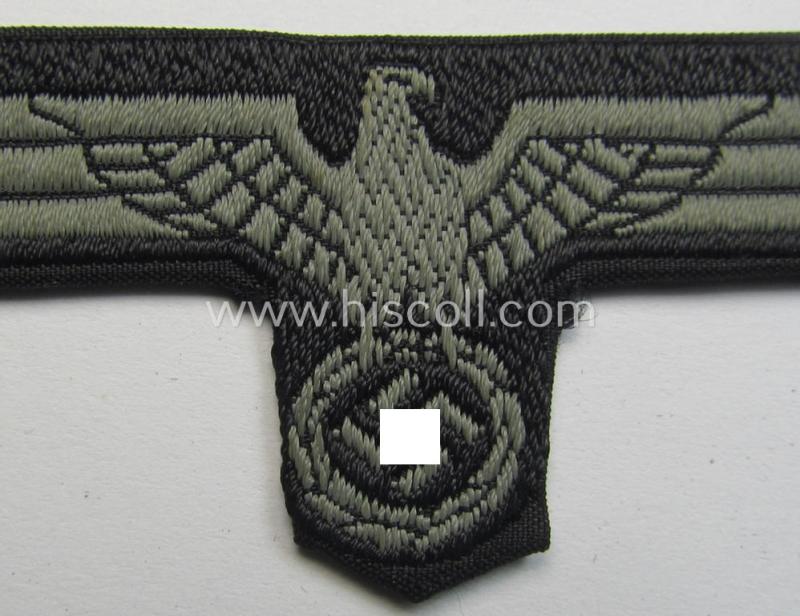 Neat, WH (Heeres) later- (ie. mid-war-) period- and/or bluish-grey-coloured 'Panzer'-type side-cap-eagle a executed in the neat 'BeVo'-weave pattern on a black-coloured background