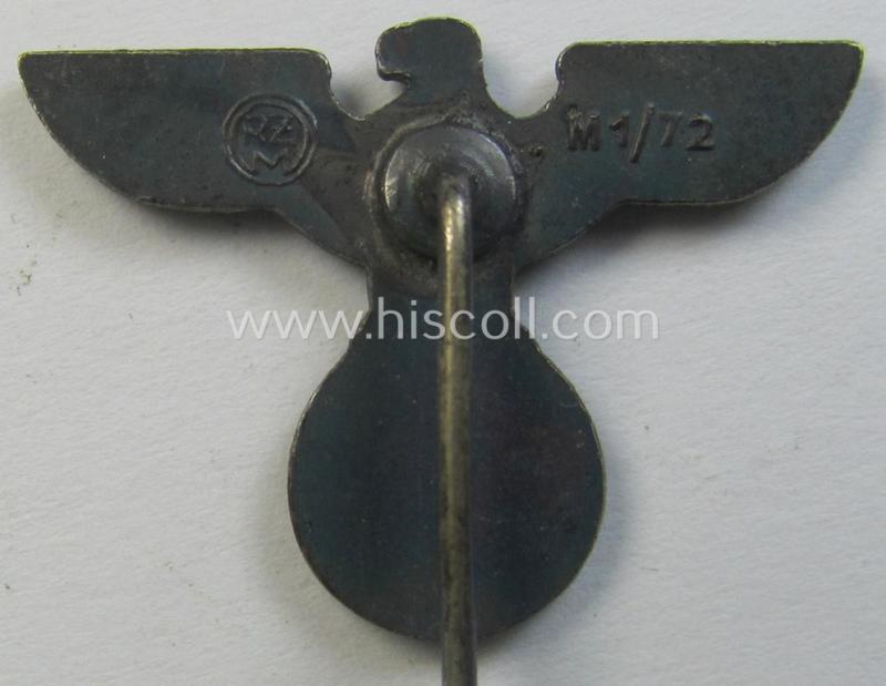 Silverish-grey-coloured - and truly very detailed! - so-called: 'N.S.D.A.P.'-supporter- (ie. membership-) lapel-pin (ie. 'tie'-pin) being a clearly maker- (ie. 'RzM - M1/72'-) marked example showing a pronounced: 'Reichsadler'-device