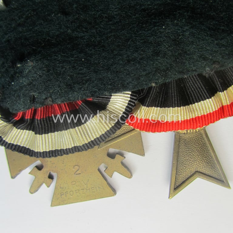 3-pieced 'WWI'- (ie. TR-) related medal-bar (ie. 'Ordenspange') resp. depicting a WWI-period: 'EK II.Kl.', a: 'KvK II. Klasse ohne Schwn.' and a: 'FKK 1914-18 mit Schwn.'