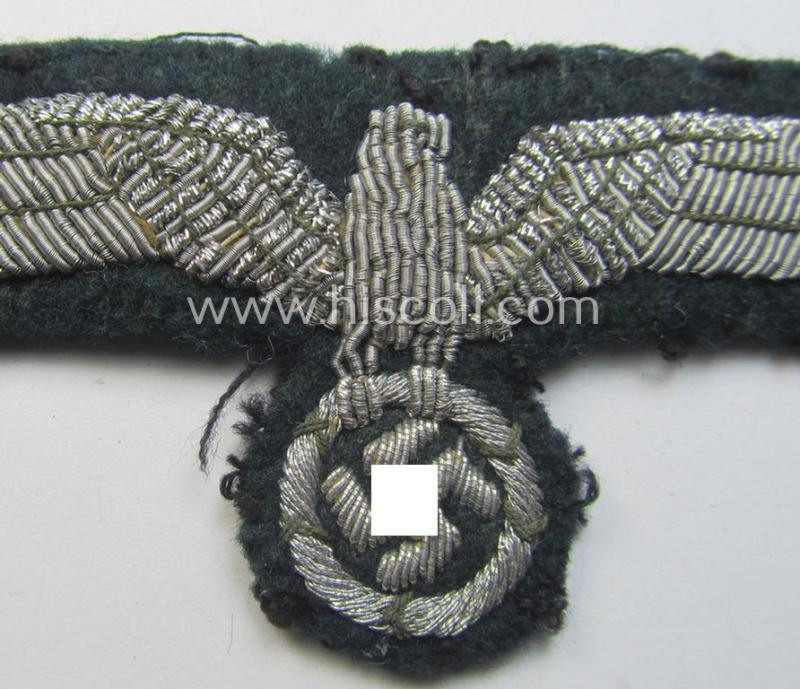 WH (Heeres) officers'-type, hand-embroidered breast-eagle (ie. 'Brustadler für Offiziere') as was executed in bright-silverish-coloured braid as was intended for usage on the various officers'-pattern tunics