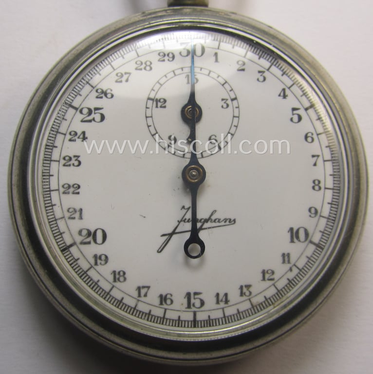 WWII-period- (ie. 'Deutsche Wehrmacht o. KM'-related-) pocket-chronograph (ie. 'Dienstchronograph') of the make: 'Junghans', having a white-coloured dial-plate and that comes in a moderately used and still functional, condition