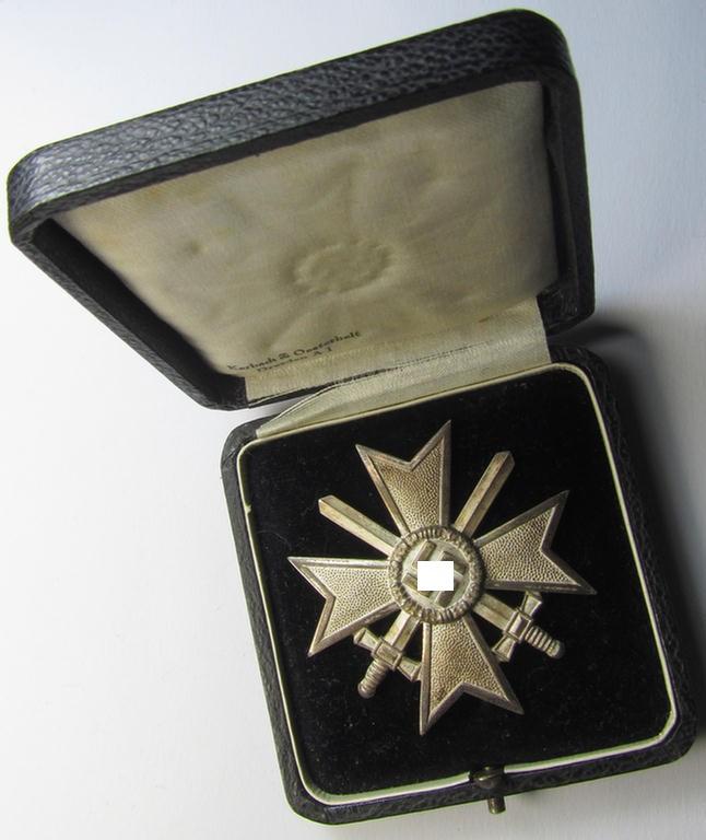 Attractive medal-set: 'Kriegsverdienstkreuz 1. Klasse mit Schwerter' being a non-maker-marked (and 'Buntmetall'-based!) specimen that comes stored in its original, luxuriously-styled KvK-etui by the maker: (ie. 'Hersteller') 'Kerbach & Oesterh...