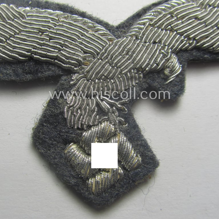 WH (Luftwaffe) officers'-pattern breast-eagle (ie. 'Brustadler für Offiziere der Luftwaffe') being a neatly hand-embroidered example of the: 'Extra Qualität' that comes in a moderately used- (ie. carefully tunic-removed-), condition