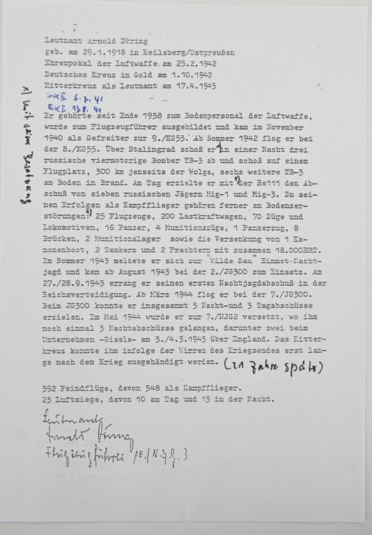Signature of Luftwaffe KC Recipient ''Arnold Döring"'