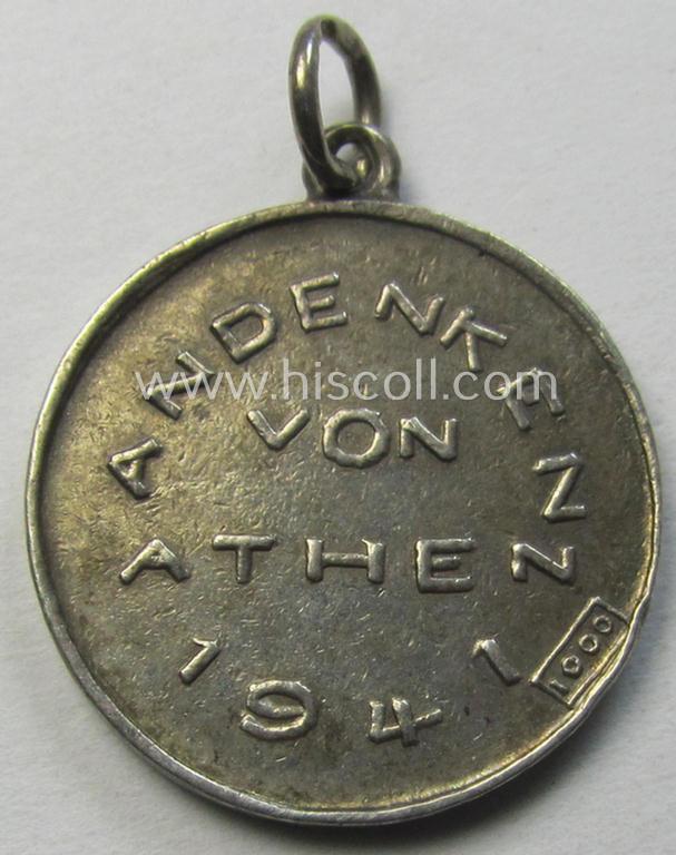 WH (LW-, Heeres- etc.) related and genuine silver-based) 'souvenir'-hanger from the Greek campaign depicting the: 'Parthenon' in Athens and showing the text: 'Andenken von Athen 1941'