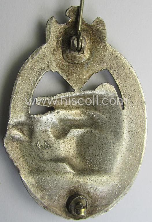 'Panzerkampfabzeichen in Silber' (or: silver-class panzer-assault badge or PAB) being a clearly maker- (ie. 'AS'-) marked- and/or zinc- (ie. 'Feinzink'-) based specimen, as was procuced by the: 'Adolf Scholze'- (ie. 'A.S.'-) company
