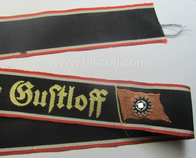 'DAF- ('Deutches Arbeitsfront') ie. 'KDF'- ('Kraft durch Freude'-) related white-coloured- (period-souvenir) cap-tally (ie. 'Mützenband') entitled: 'M.S. Wilhelm Gustloff'