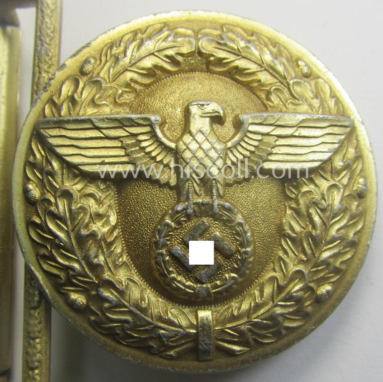 'N.S.D.A.P.'- (ie. 'politischen Leiter'-) related bright golden-toned- and/or aluminium-based belt-buckle being a maker- (ie. 'RzM' - 'M4/116'-) marked example that comes in a moderately used- ie. worn, condition