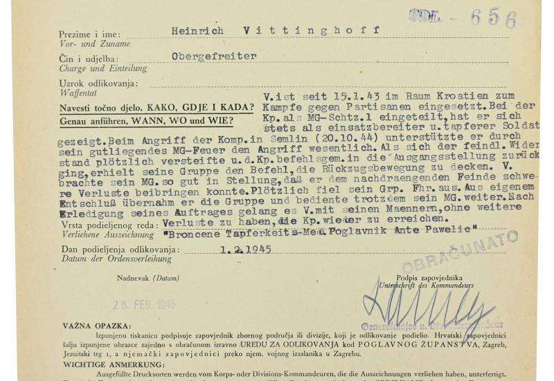 Croatian/German WW2 Bronze Bravery Medal Certificate 'Heinrich Vittinghoff'