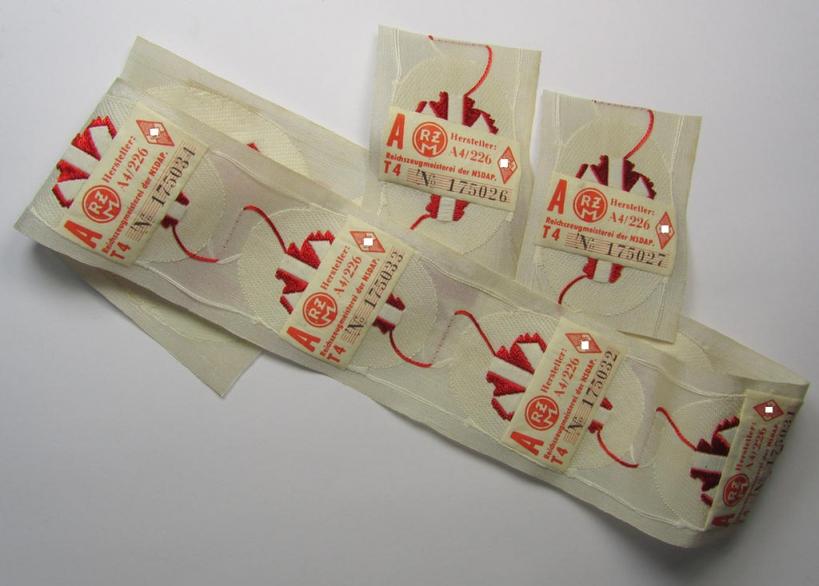 HJ/BDM (ie. 'Hitlerjugend'/'Bund Deutscher Mädel') trade- or specialist armbadge as executed in neat 'BeVo'-weave pattern, as was intended for usage by a: 'Feldscher' (or: medical orderly) still retaining its 'RzM'-etiket