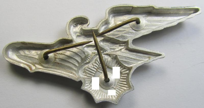 Attractive - and scarcely encountered! - officers'- (ie. evt. NCO-) pattern, aluminium-based so-called: 'Luftschutz' (ie. RLB-) visor-cap eagle being a maker- (ie. 'HA'-) marked example as was produced by the 'H. Aurich'-company