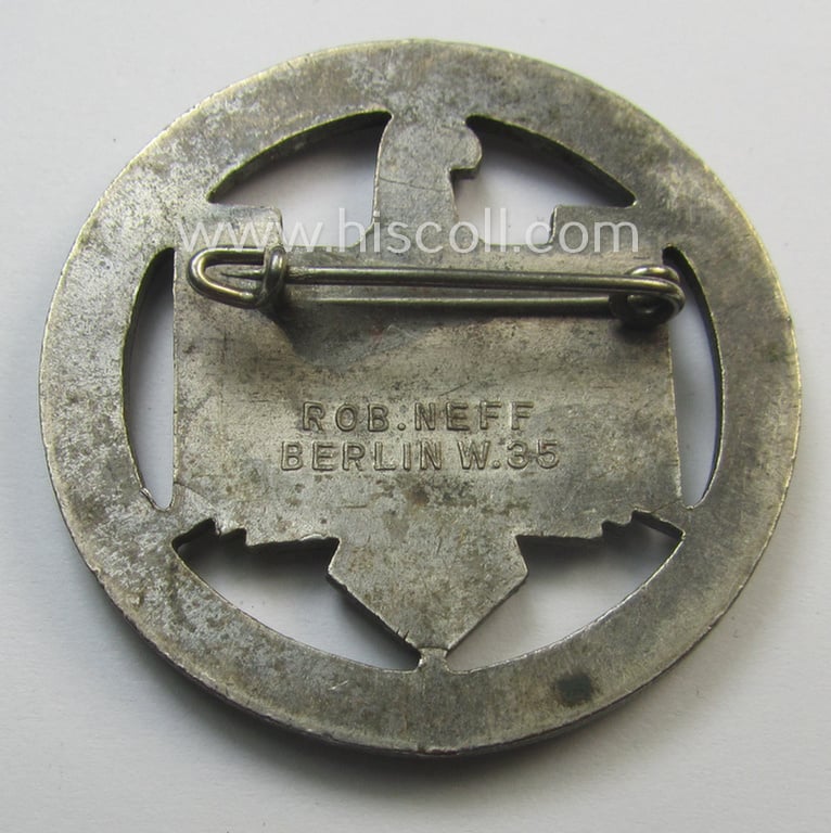 Silver-toned- and/or: 'Cupal'-based so-called: DRL- (ie. 'Deutschen Reichsbund für Leibesübungen'-) related day-badge (ie. 'tinnie' or: 'Veranstaltungsabzeichen') as issued to commemorate the: 'Deutsches Turn- u. Sportfest - Breslau - 1938'