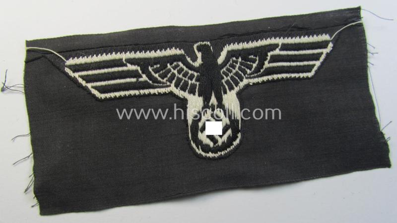 Neat, WH (Heeres) early- (ie. pre-) war-period- and/or white-coloured 'Panzer'-type breast-eagle of the so-called: 'M35'- (ie.'M36'-) pattern as was executed in the neat 'BeVo'-weave pattern on a black-coloured background