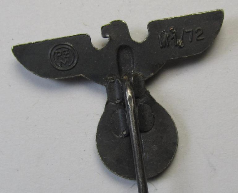 Silverish-coloured - and truly very detailed! - so-called: 'N.S.D.A.P.'-supporter- (ie. membership-) lapel-pin (ie. 'tie'-pin) being a maker- (ie. 'RzM - M1/72'-) marked example showing a pronounced: 'Reichsadler'-device