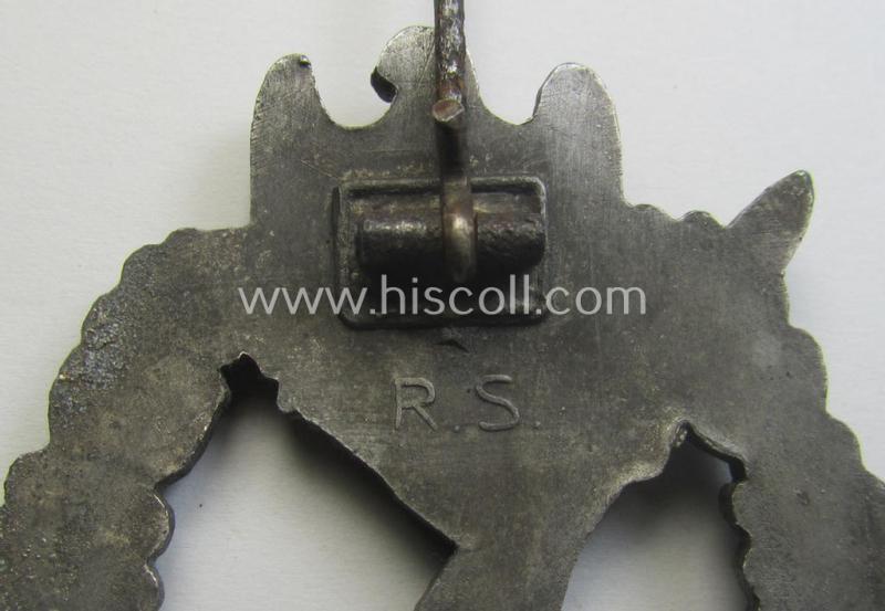 'Variant'-pattern, zinc- (ie. 'Feinzink'-) based example of an: 'Infanterie-Sturmabzeichen in Silber' being a maker- (ie. 'R.S.'-) marked example as produced by the Austrian maker (ie. 'Hersteller') 'Rudolf Souval' based in Wien (Vienna)