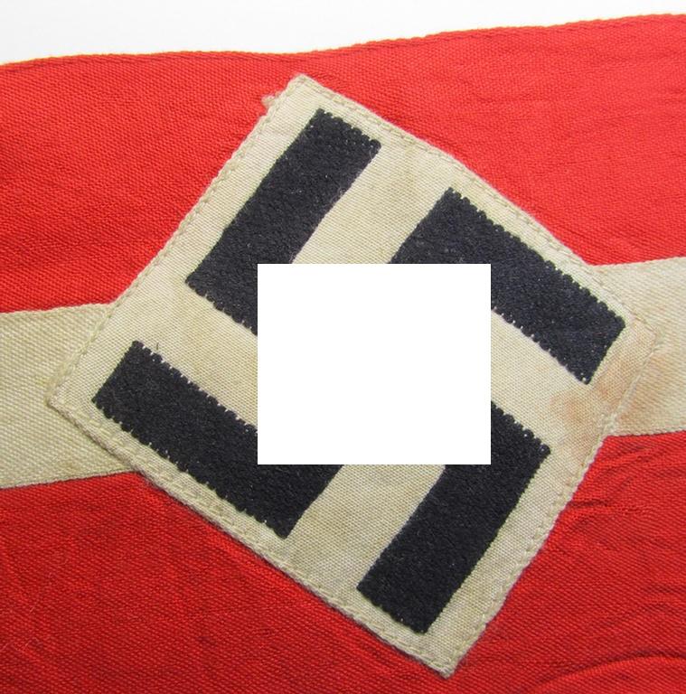 Attractive - and nowadays scarcely found! - 'standard'- (ie. entirely woven) pattern, bright-red-coloured HJ- (ie. 'Hitlerjugend'-) related armband (ie. 'Armbinde') being a moderately worn- ie. used example that regrettably misses its 'RzM'-e...