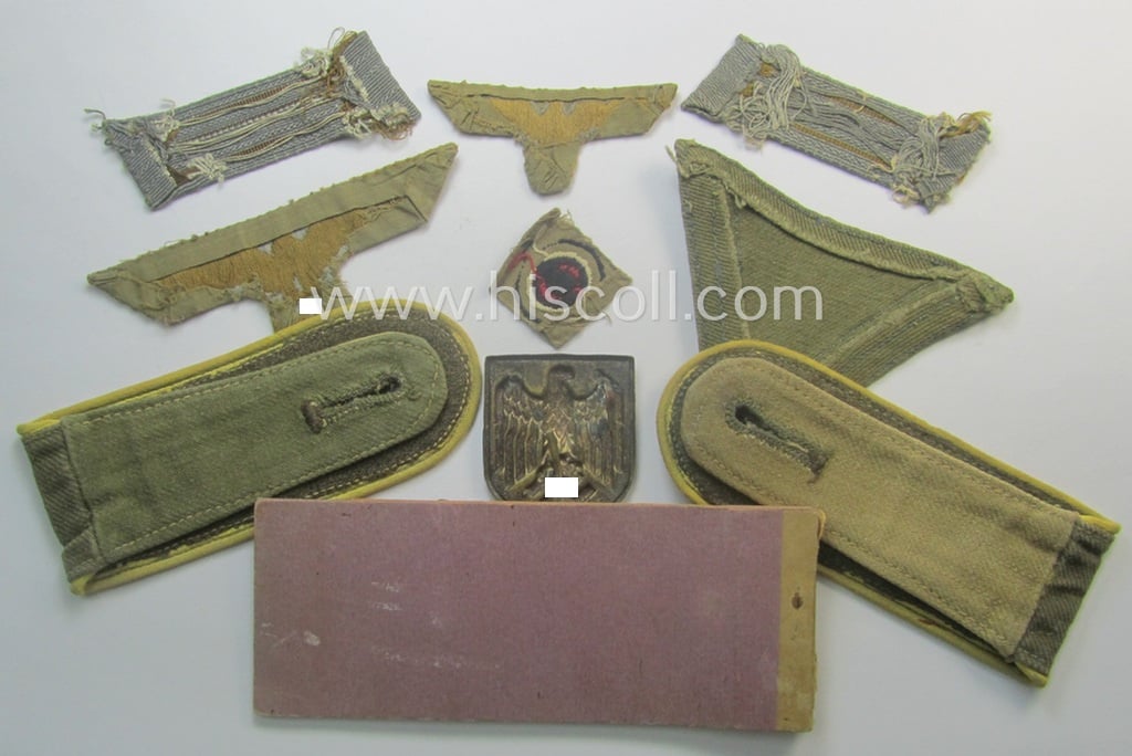 Fantastic - very desirable and complete! - truly worn and carefully tunic-removed, WH (Heeres) tropical-issued (ie. DAK-related) EM-insignia-grouping as was worn by a: 'Soldat o. Gefreiter u. Mitglied einer Nachrichen-Abtls.'