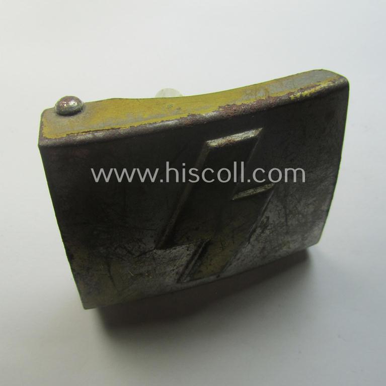 DJ (ie. 'Deutsches Jungvolk') silver-coloured- (ie. typical nickle-chromed) belt-buckle (ie. 'Koppelschloss') being a clearly maker- (ie. 'P.u.C.' and/or: 'RzM M4/28'-) marked example that comes in a moderately used- ie. worn, condition