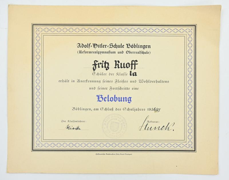 German Third Reich Certificates 'Adolf Hitler Schule'