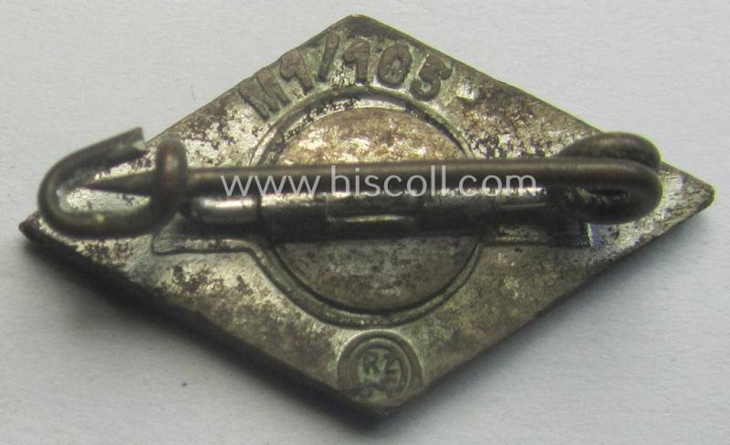 HJ (ie. 'Hitlerjugend') enamelled lapel-pin (ie.: 'Raute') being a darker-red-coloured- (ie. 'opal'-styled) - and non-cleaned and untouched! - example showing an: 'RzM - M1/105'-makers'-designation