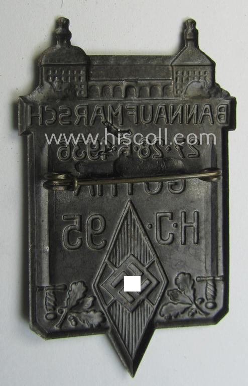 HJ (ie. 'Hitlerjugend') related 'tinnie' being a non-maker-marked example as executed in silver-toned 'pot-metal' and showing the text: 'Bannaufmarsch - 27.28.6.1936 - Gotha - H.J. 95'