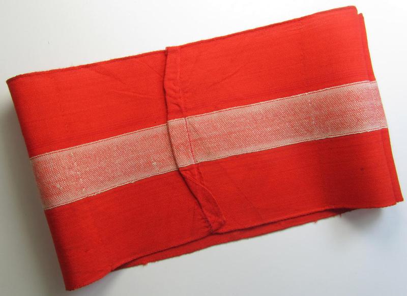 Attractive - and scarcely found! - 'standard'- (ie. entirely woven) pattern, bright-red-coloured HJ- (ie. 'Hitlerjugend'-) related armband (ie. 'Armbinde') being a moderately worn- ie. used example that regrettably misses its 'RzM'-etiket