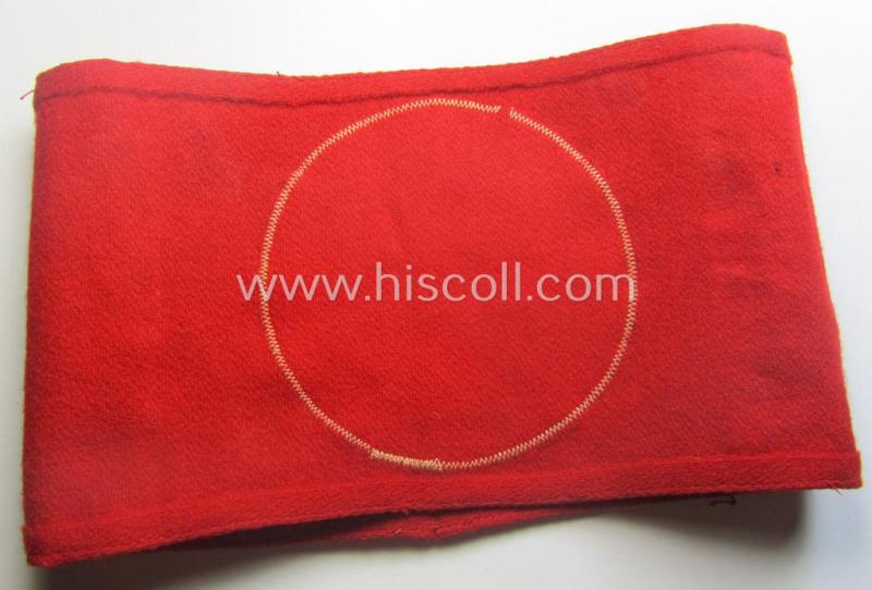 Truly used- and/or worn N.S.D.A.P.-pattern, smooth-woolen-based swastika-armband (ie. 'Armbinde') that misses its 'RzM'-etiket