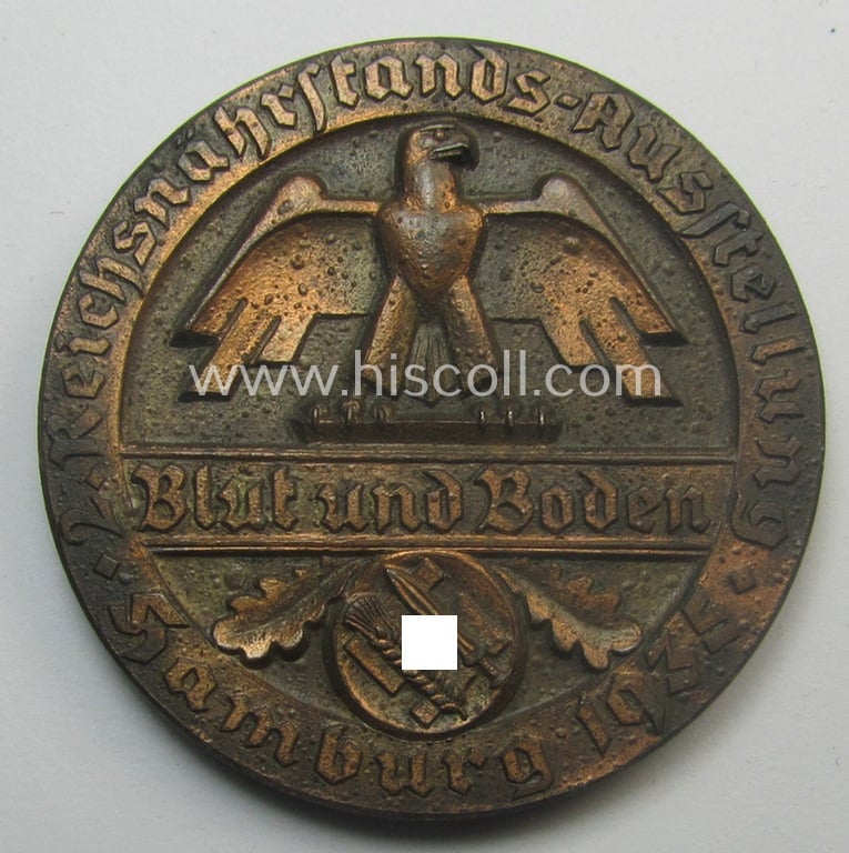 Reddish-copper-toned, 'Reichsnährstand'- (ie. 'RNSt.'-) related, commemorative-award-plaque entitled: '2. Reichsnährstands-Austellung - Blut und Boden - Hamburg 1935 - Butter' and that comes stored in its period etui