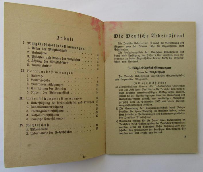 Interesting, 'DAF'- (ie. 'Deutsches Arbeitsfront') related period-booklet entitled: 'Bestimmungen über die Zugehörigkeit zur Deutschen Arbeitsfront', dated: '1937'