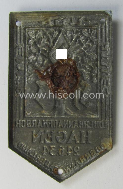 Neat - albeit incomplete but still scarcely encountered! - HJ- (ie.'Hitlerjugend') related 'tinnie' being a greyish-toned example showing a tree, 'HJ-Raute' and text: '1. Oberbannaufmarsch Hagen - 24.6.1934'