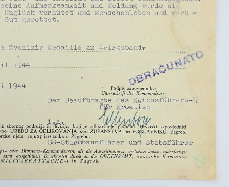 Croatian WW2 Iron Zvonimir Medal Certificate