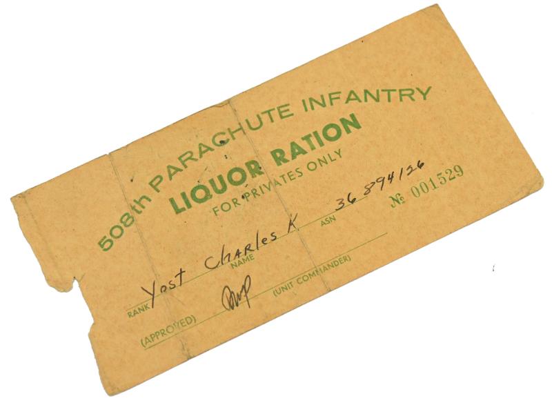 US WW2 508th Parachute Infantry Regiment Liquor Ration Coupon
