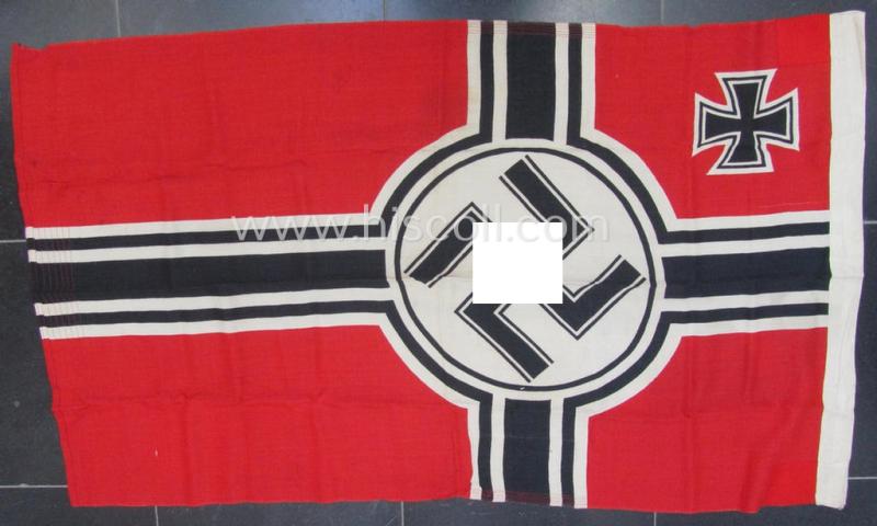 Medium-sized, WH (Kriegsmarine) so-called: 'Reichskriegsflagge' being a: 80 x 135 cms.- sized- and/or maker- (ie. 'N.V.P.F. v. Vlissingen en Co's Katoenfabr. - Helmond (Holland)') marked example
