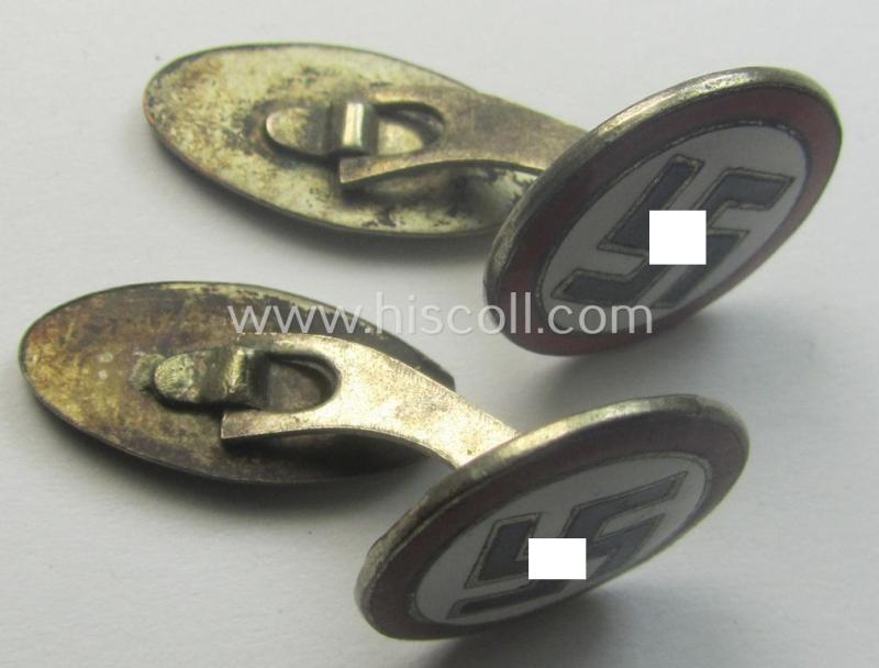 Unusually found - and actually rarely seen! - pair of neatly enamelled so-called: 'Machetenknöpfe' (ie. cuff-links) being attractive examples (and that come stored in their period carton-based etui)