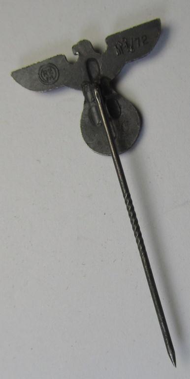 Silverish-coloured - and truly very detailed! - so-called: 'N.S.D.A.P.'-supporter- (ie. membership-) lapel-pin (ie. 'tie'-pin) being a maker- (ie. 'RzM - M1/72'-) marked example showing a pronounced: 'Reichsadler'-device