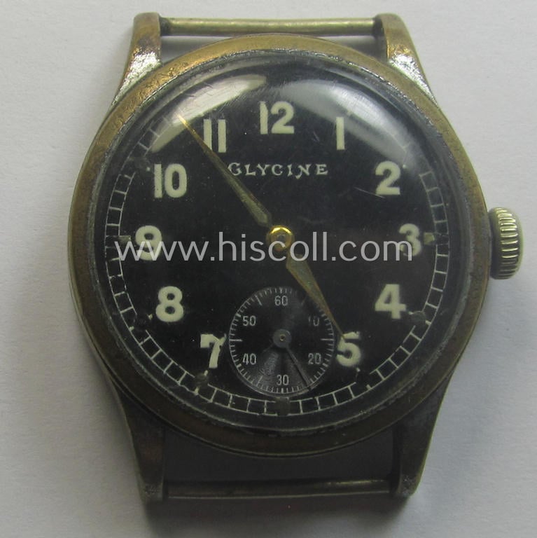 Neat - and scarcely encountered! - WH (Heeres, LW etc.) WWII-period wrist-watch (or: 'Dienstuhr') of the make: 'Glycine' having an engraved number: 'D75909H' on its back (and that comes in a functional- ie. running condition)