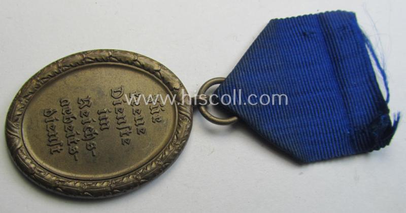 Attractive example of a: RAD (ie. 'Reichsarbeitsdienst'): 'Dienstauszeichnung 4. Stufe für Männer' as was intended for 4 years loyal-service and that comes mounted onto its period (broad-sized) ribbon (ie. 'Bandabschnitt')