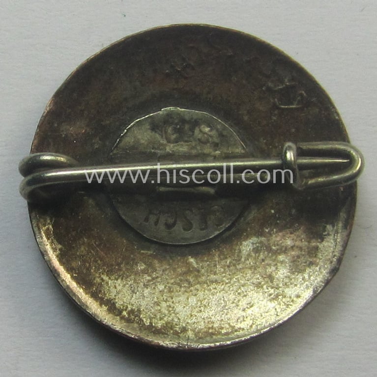 Unusual - smaller-sized- and darker-red-coloured! - 'N.S.D.A.P.'-membership-pin- ie. party-badge (or: 'Parteiabzeichen') being a non-maker-marked example that shows a (double!) 'Ges.Gesch.'-patent-pending-designation