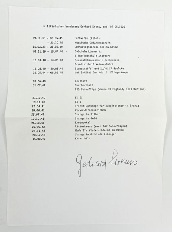 Signature of Luftwaffe KC Recipient 'Gerhard Krems'