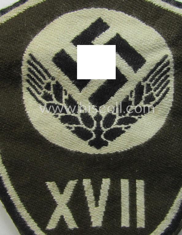 Female-related, enlisted- (ie. NCO-) pattern-, so-called: 'RADwJ'-sleeve-badge (ie. 'Abzeichen des Reichsarbeitsdienst der weiblichen Jugend') being a clearly worn example as executed in the neat 'BeVo'-weave-pattern