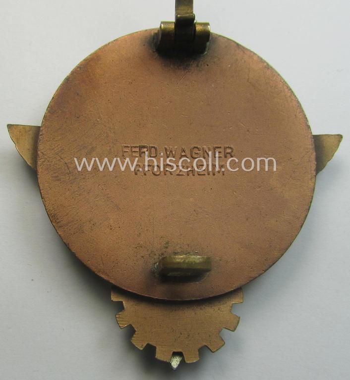 'HJ'- ('Hitlerjugend') ie. 'BDM'-related: 'Reichsberufswettkampf-Siegerabzeichen' (of the 2nd model) entitled: 'Kreissieger 1939' and being a maker- (ie.: 'Ferd. Wagner'-) marked example that comes with its period 'etui-inlay'