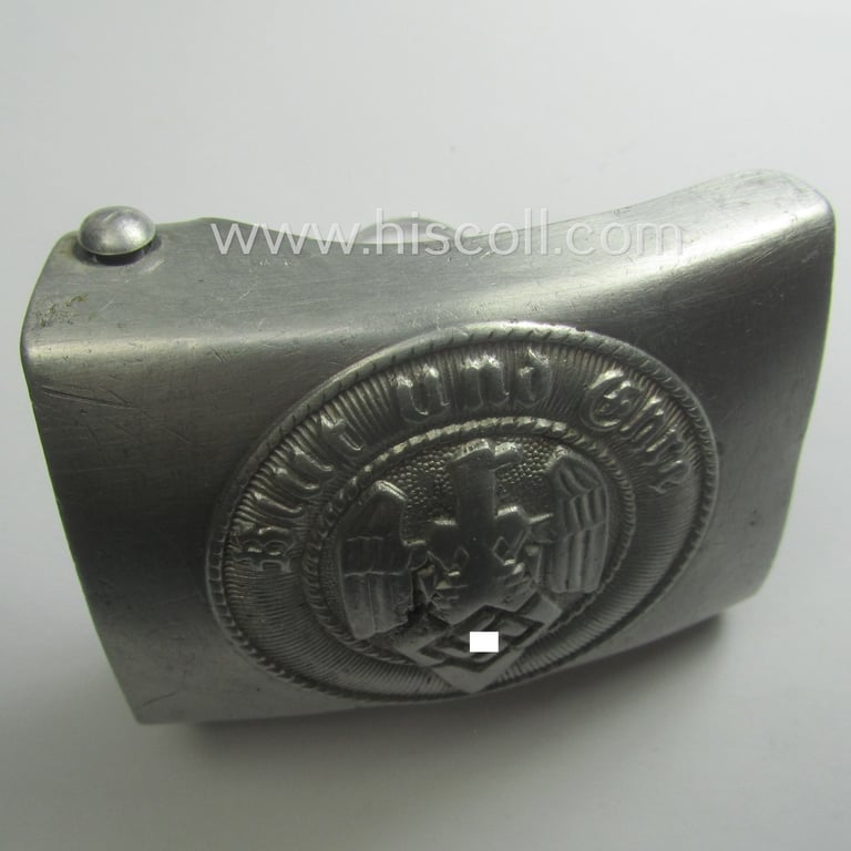 'Variant-pattern', HJ (ie. 'Hitlerjugend') aluminium-based- (and/or 'molded'-pattern) belt-buckle being a maker- (ie. 'RzM M4/39'-) marked example that shows an unusual 'catch-set-up'