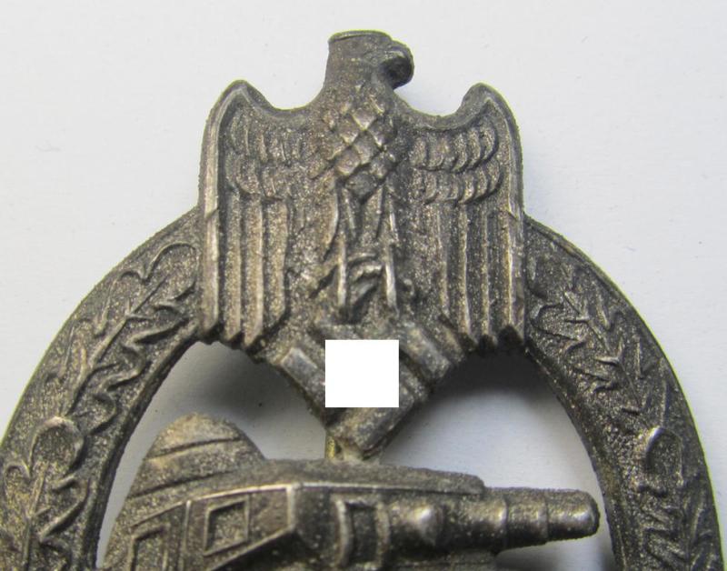Attractive, 'Panzerkampfabzeichen in Silber' (or: silver-class panzer-assault badge or PAB) being a clearly maker- (ie. 'AS'-) marked- and/or zinc- (ie. 'Feinzink'-) based specimen, as was procuced by the: 'Adolf Scholze'- (ie. 'A.S.'-) com...