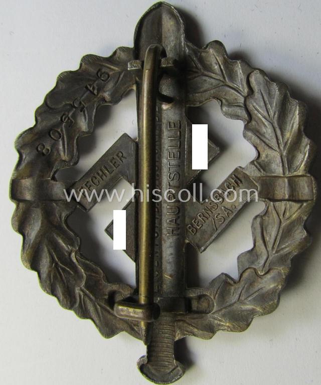 Neat, early- (ie. pre-) war-period example of an: 'SA-Sportabzeichen in Bronze' being a detailed and/or neatly maker- (ie. 'Fechler - Bernsbach i. Sa.'-) marked example that shows an impressed bearers'-number (ie. '915508')