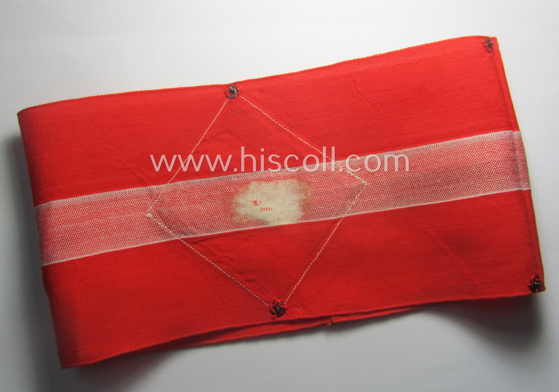 Attractive - and scarcely found! - 'standard-issued'- (ie. entirely woven) pattern, bright-red-coloured HJ- (ie. 'Hitlerjugend'-) related armband (ie. 'Armbinde') being a minimally used example that is void of an 'RzM'-etiket