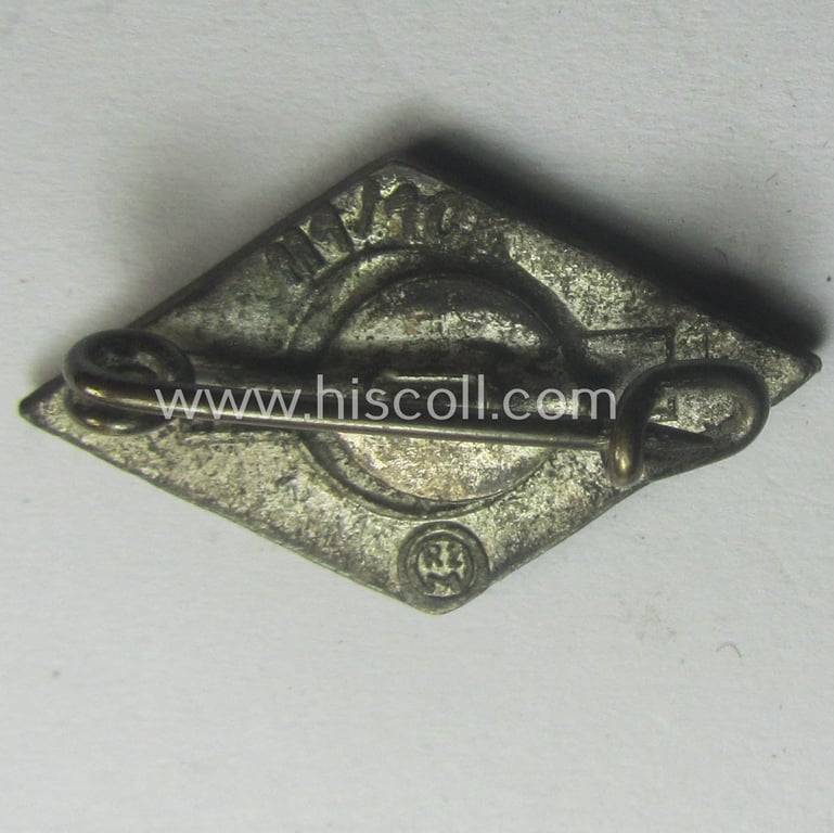 HJ (ie. 'Hitlerjugend') enamelled lapel-pin (ie.: 'Raute') being a darker-red-coloured- (ie. 'opal'-styled) example showing an: 'RzM - M1/105'-makers'-designation (= 'Hermann Aurich')