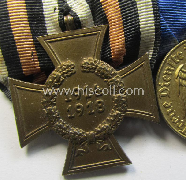 Attractive, 3-pieced medal-bar (ie. 'Ordenspange') showing resp. a WWI-period: 'FKK 1914-18 ohne Schw.' and two WWII-period: WH (Heeres or KM) so-called: 'Dienstauszeichnungen für 4 u. 12 Jahre Treue Dienste'