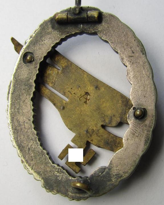 Superb - and early-war-period! - tombak- (ie. 'Buntmetall'-) based specimen of a WH (LW) 'Fallschirmschützen-Abzeichen' (being a maker- ie. 'A'-marked, 'Type E'-pattern example) by the 'Assmann'-company