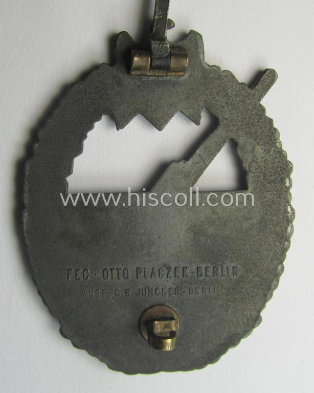 WH (Kriegsmarine) 'Marine-Artillerie-Abzeichen' being a typical zinc- (ie. 'Feinzink'-) based example by the desirable maker- (ie. 'Hersteller') 'C.E. Juncker - Berlin'