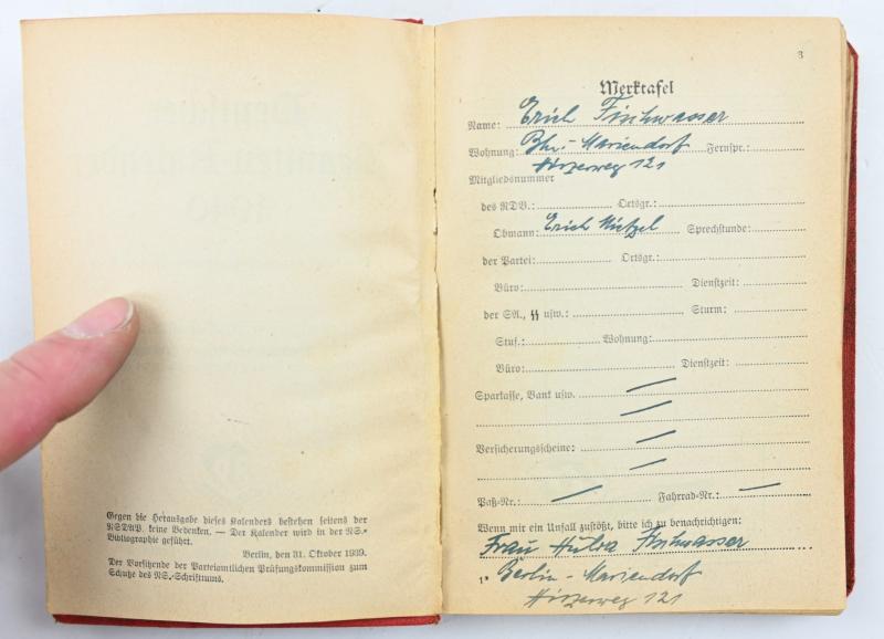 German RDB 1940 Pocket Kalender
